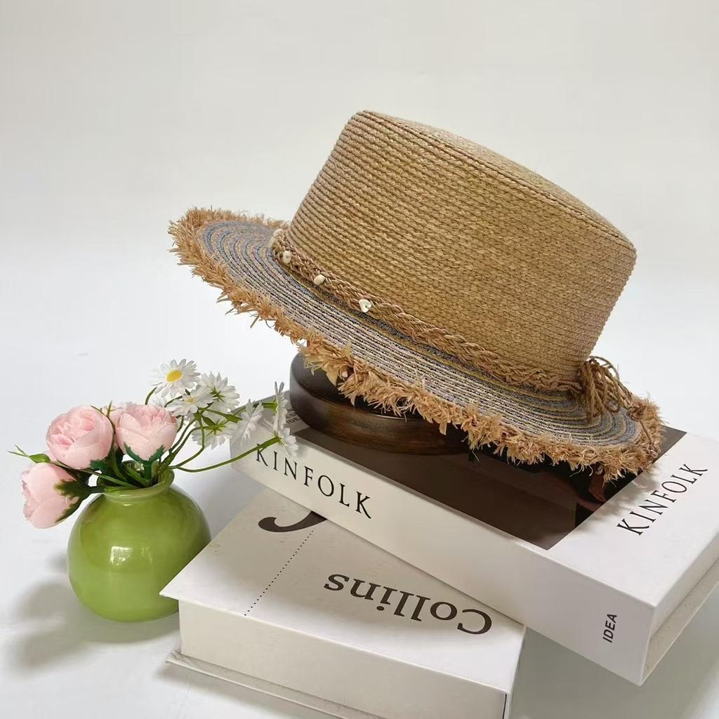 Delle Ethnic Style Raffia Flat Top Hat Women'S Outdoor Travel Sunscreen Sunshade Burr Straw Hat
