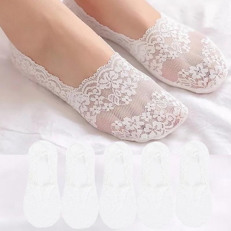 New Women Lace Socks Shallow Mouth Slipper Cotton Female Socks Bottom Silicone Non-slip Invisible Cute Socks Set 5 Pairs