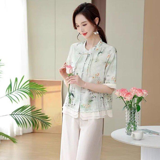 Stylish Summer Two-Piece Set: Casual T-Shirt & Wide Leg Pants for Middle-Aged Women