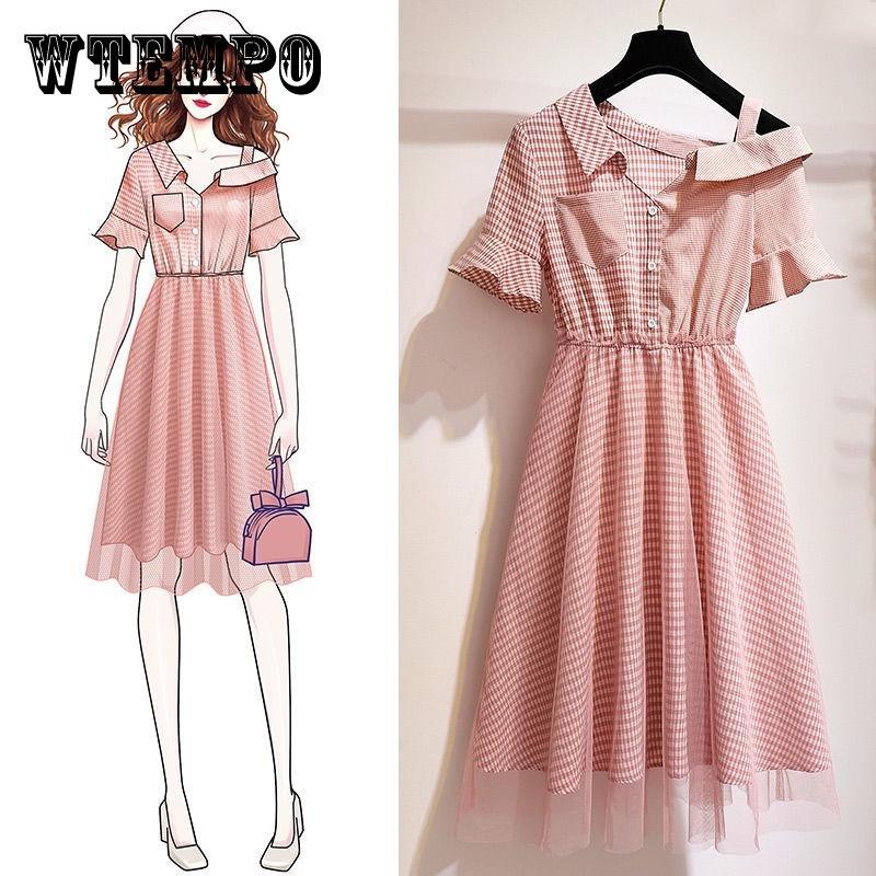 

Pofulove клетчатое платье летнее женское сетчатое платье с косыми плечами платье-рубашка с карманами