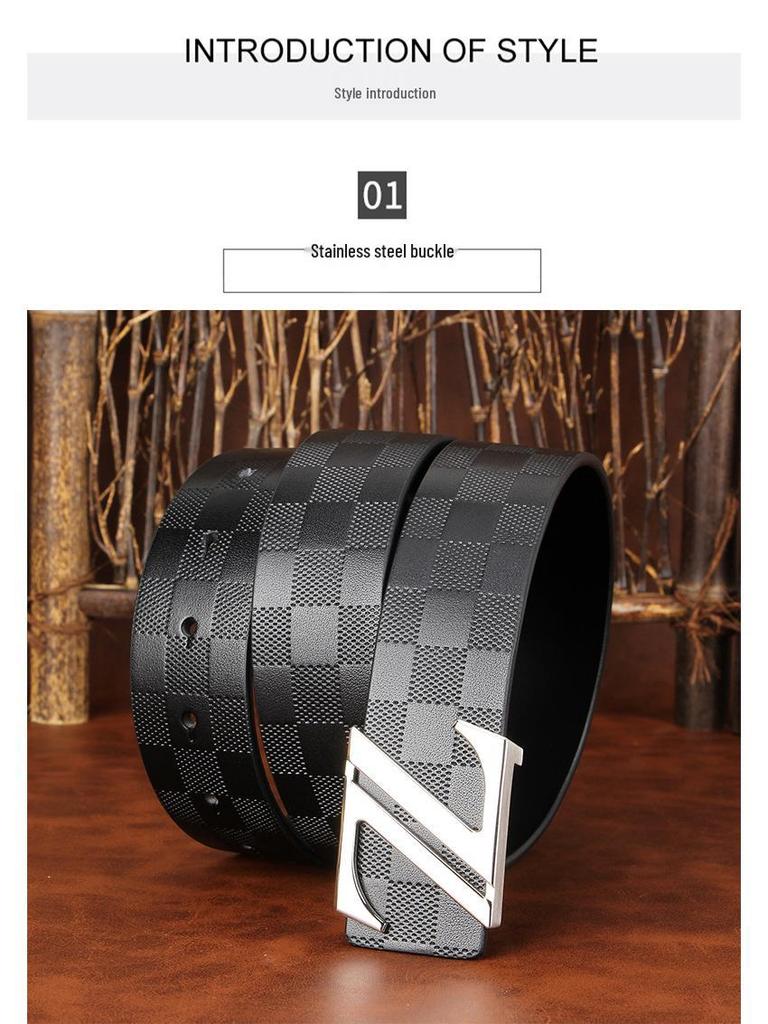 Men's Plaid Cowhide Belt with Stainless Steel Smooth Buckle