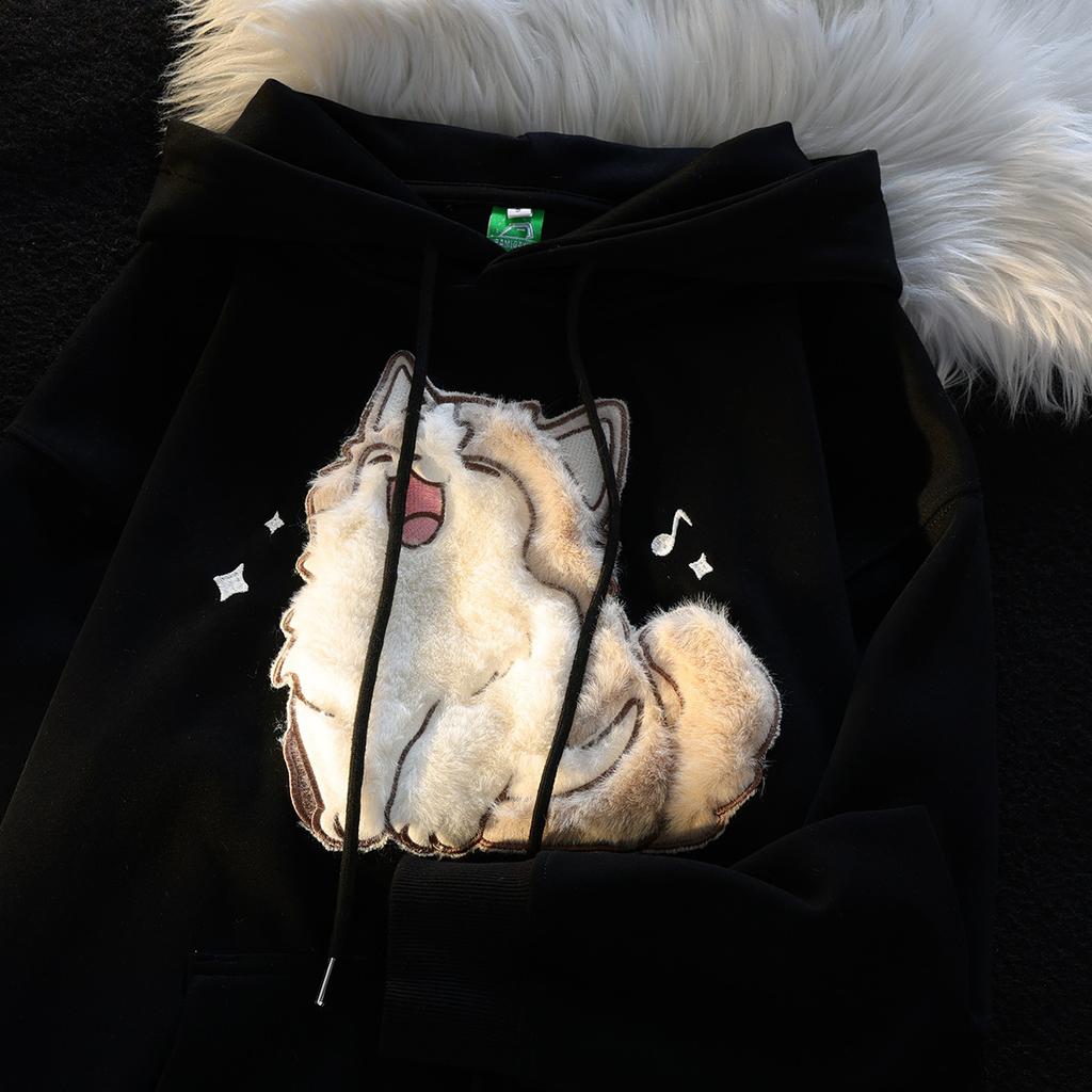 Japanese cute cat 3D three-dimensional flocking hooded sweater women's 2025 new loose student pullover jacket