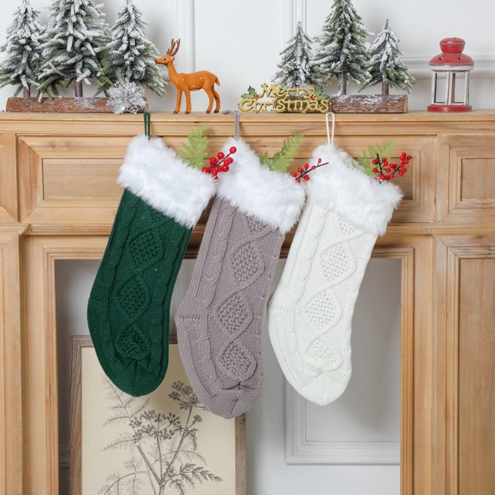 Large Size Knitted Christmas Stocking With Fluff Christmas Tree Ornaments Christmas Gift Bag  Kids