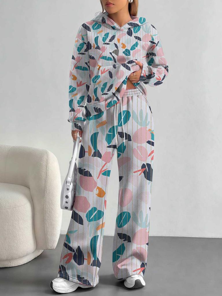 Broken Flowers European And American Autumn And Winter Casual Long-Sleeved Suit Women'S Hooded Sweater Trousers Two-Piece Set