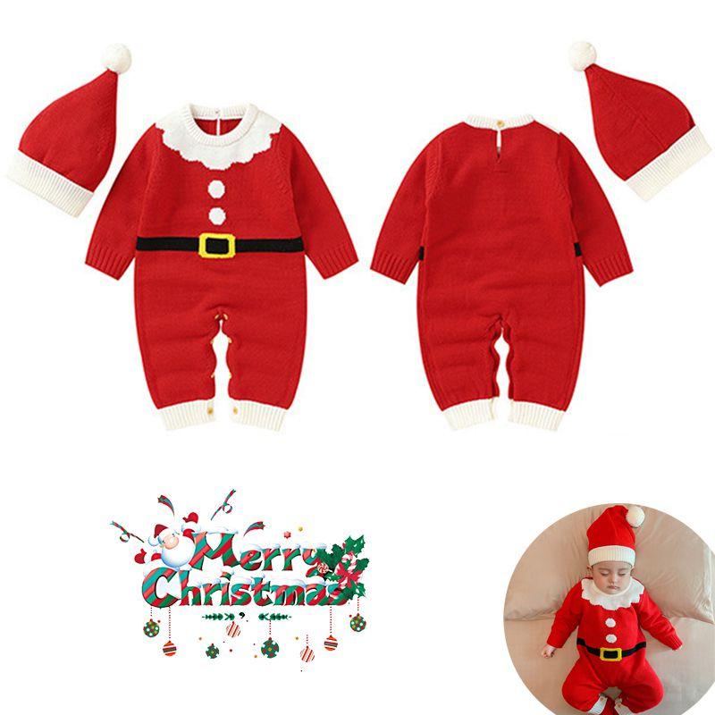Adorable Christmas Baby Knitted Romper Jumpsuit Outfit W/ Santa Claus Sweater Hat