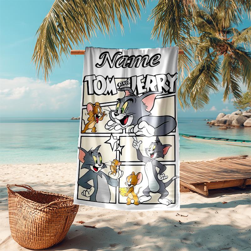 Personalized customized proof beach towel with Tom and Jerry pattern - soft, absorbent,quick-drying,perfect swimming,camping&bathing