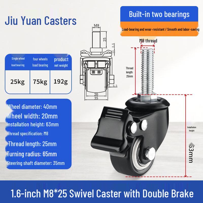 Black Heavy-Duty Swivel Casters with Brakes for Furniture, Cabinets & Industrial Use, Double Bearing Wheels