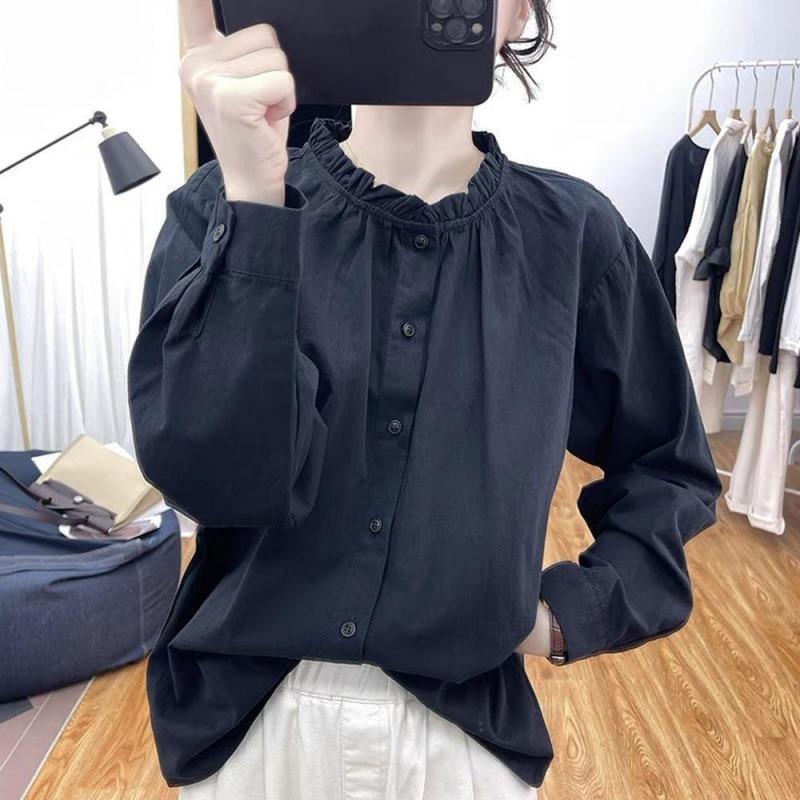 Women Ruffled Collar Long Sleeve Single Breasted Solid Color Cotton Blouse M чёрный