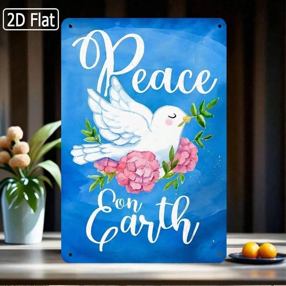 1pc Retro Peace on Earth Dove Roses Tin Sign, Christian Wall Art, 2D Flat Metal Plaque for Home Bar Cafe Decor, 12