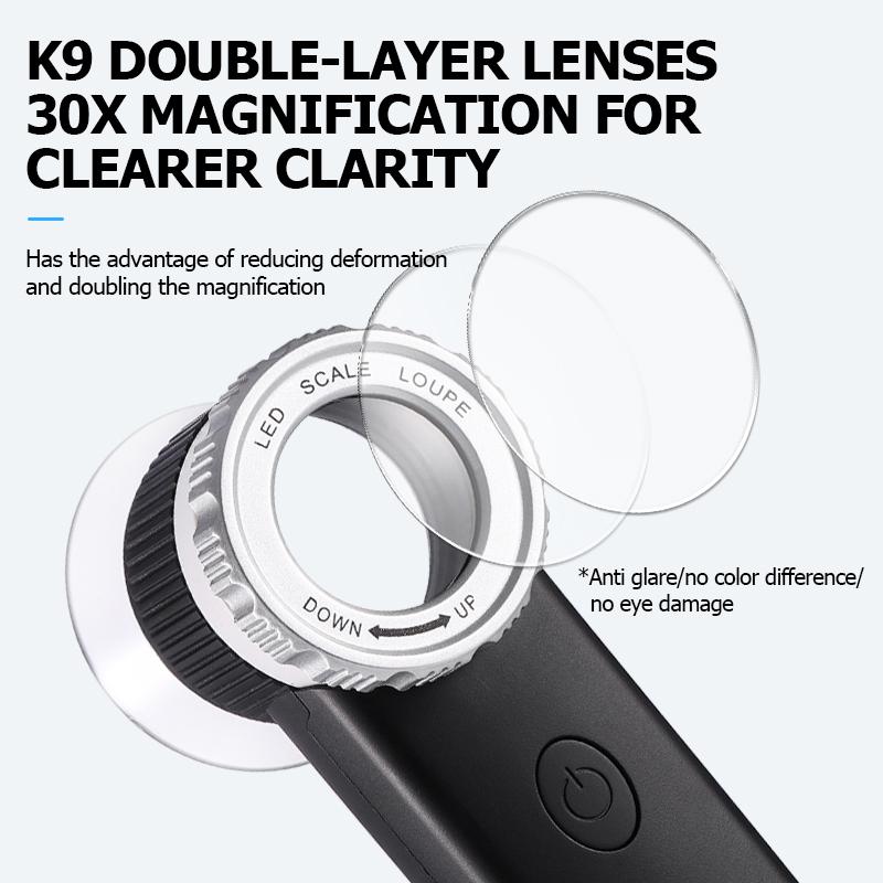 30x Handheld Magnifier 3-colors Lights Usb Charging Handheld Magnifying Glass 2-layers Optical Lens For Reading Jewelry Repair