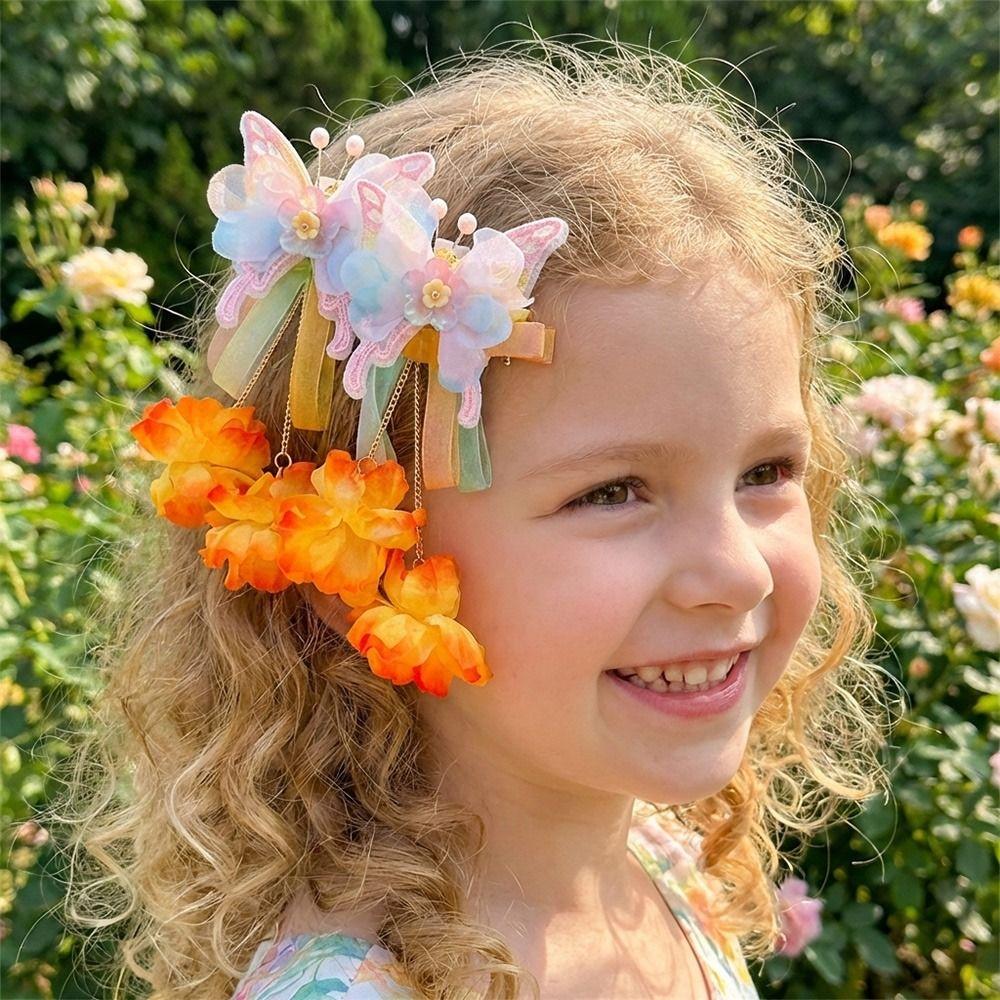 2pcs/set Luminous Flower Faux Flower Hairpin Extra Large Shake Tassels Tassel Hair Clip Silk Butterfly Hairclips Children's Use