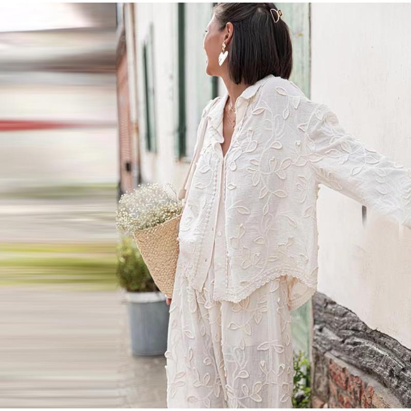 Camicia Pantaloni Tuta Donna Larga Monopetto Manica Lunga Top Gamba Larga Pantaloni Donna Tuta Estiva Set