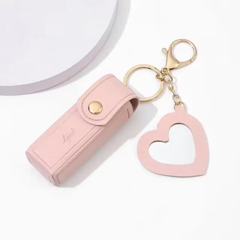 2pcs Portable Leather Lipstick Bag Makeup Pouch Lip Balm Bag Keychain Holder Lipsticks Protective Cover With Mirror