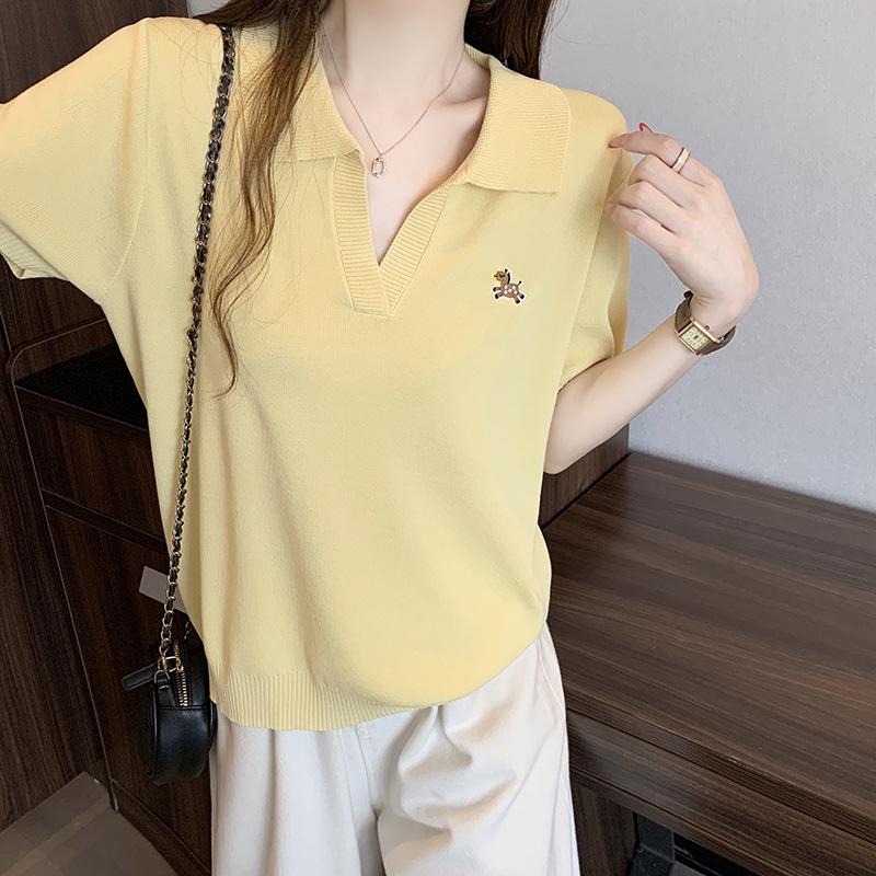 2026 Summer Plus Size Women s Cartoon Embroidery Polo Collar Knit Top 2XL