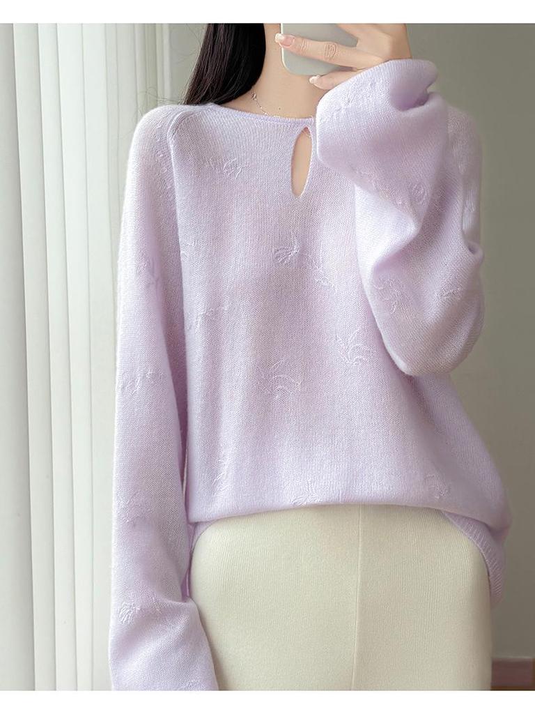 Autumn/Winter 100% Wool Retro Loose Pullover Sweater with 3D Floral Design for Women