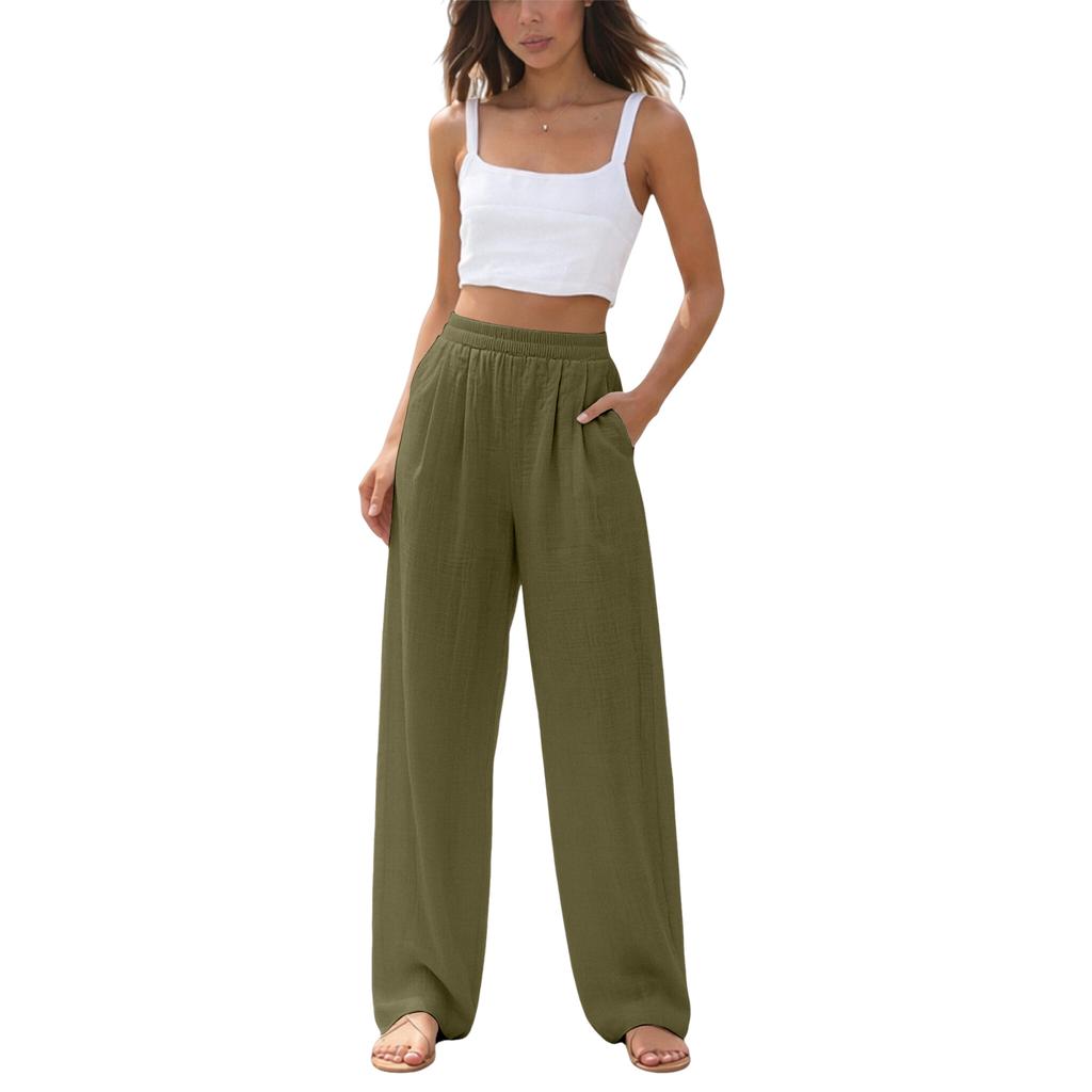 Women's Linen Wide Leg Pants Elastic Waist Summer Beach Vacation Lightweight Loose Fit Long Trousers Casual Comfortable
