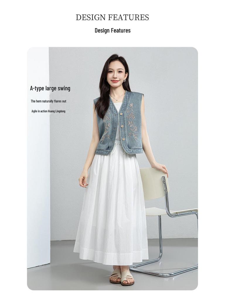 Xin Ge Women's Textured A-line Mid-length Skirt with Elastic Waist - Summer 2026 Collection