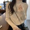 Dames Kant Afwerking Basislaag Herfst Lente Col Slim Fit Elegante Trui Abrikoos Lange Mouw Gebreide Top