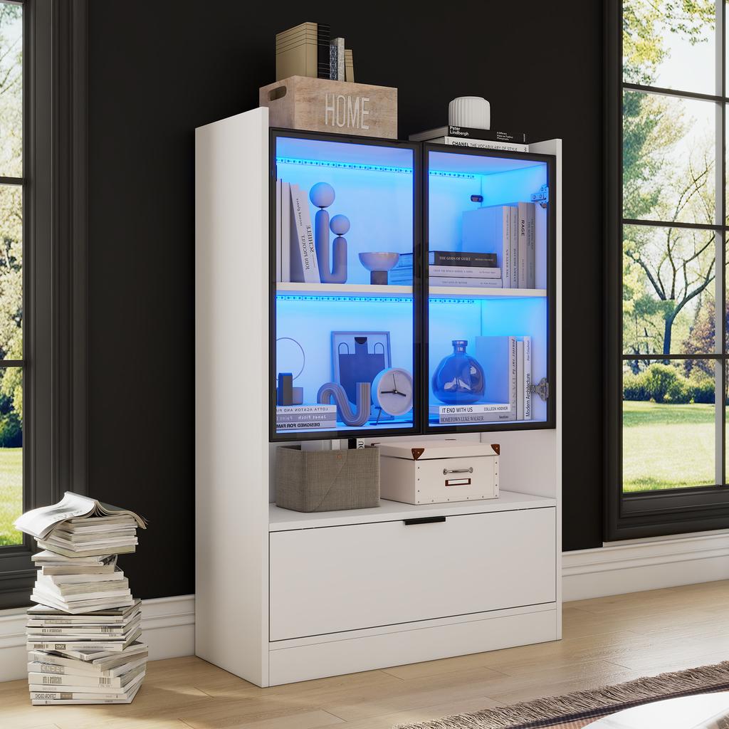 Moderner LED-Ausstellungsschrank Höhe 120cm mit LED-Beleuchtung, Wohnzimmerschrank mit Glastüren und Falttür, Spanplatten-Ausstellungsschrank, Weiß