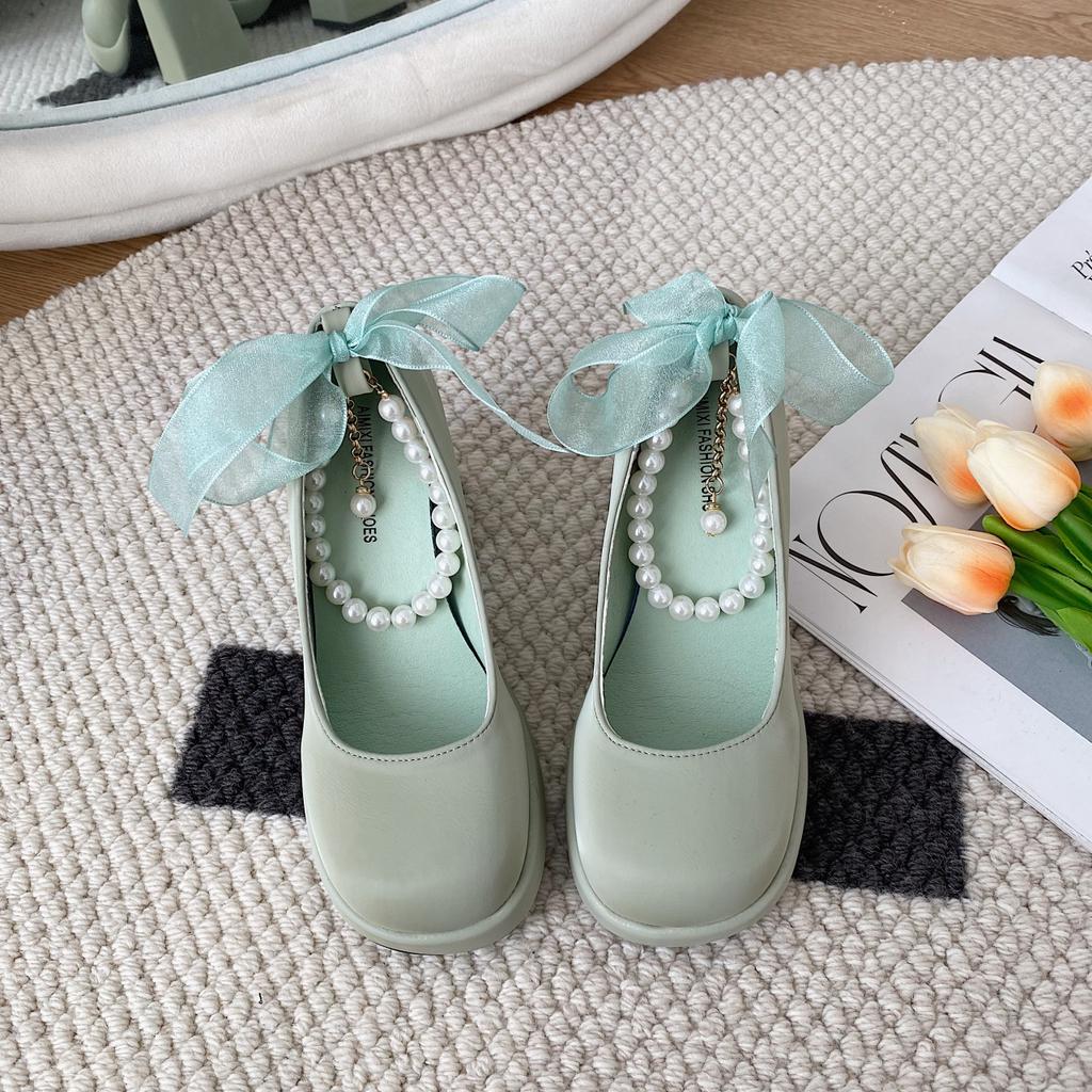 Retro pearl bow Mary Jane shoes women's 2025 spring and autumn new thick heel sweet high heels thick heel single shoes women