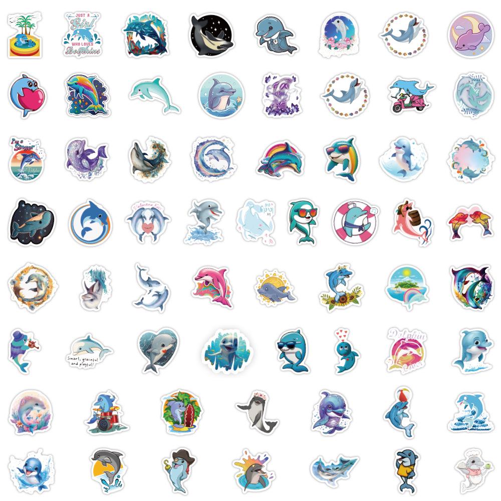 60 Cute Dolphin Cartoon Waterproof Stickers: Car, Suitcase, Water Bottle, Skateboard - 60 Sheets