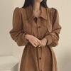 Korean Chic French Retro Corduroy Lapel Tie-Waist Long Dress for Women