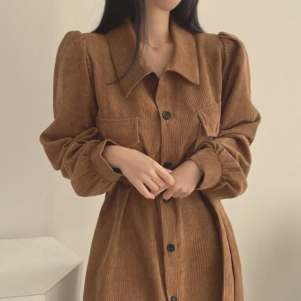 Korean Chic French Retro Corduroy Lapel Tie-Waist Long Dress for Women