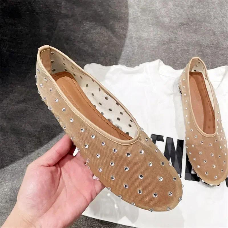Fashion Luxury Glitter Rhinestone Designer Mesh Flats Women Summer Fashion Light Breathable Mules Loafers Elegant Comfort Ballet Shoes