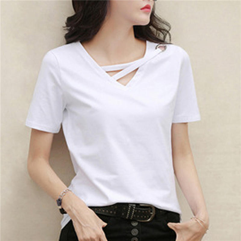 Womens Korean Style Loose V Neck T Shirt Casual Comfortable Oversized Tee Tops