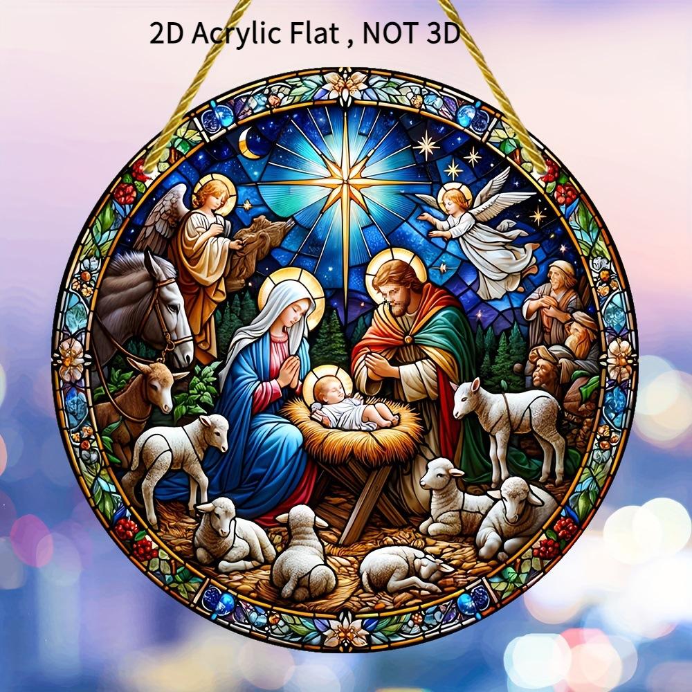 Round Acrylic Stained Sun Catcher - Vibrant Jesus Birth Design, Ideal for Porch & Garden Decor, Spiritual Home Decor, Four Seasons Decoration