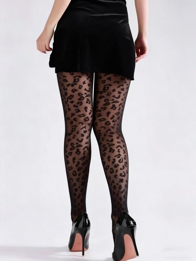 1 Par de Medias Negras con Estampado de Leopardo y Corte para Mujer, Transparentes, Ajustadas, Estilo Retro, para el Trabajo/Té/Cita con Amigas, Fiesta de Halloween/Reunión de Navidad
