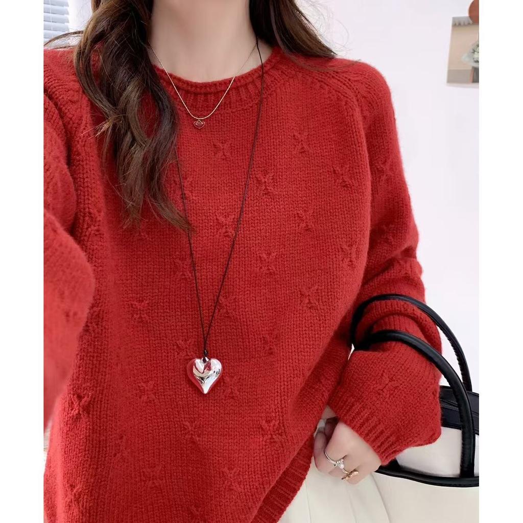 Korean high-end three-dimensional crochet crew neck pullover women's new loose and lazy style