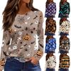 Women's Fashion Long Sleeve Neck Top with Hem Slit Halloween Print for Party
