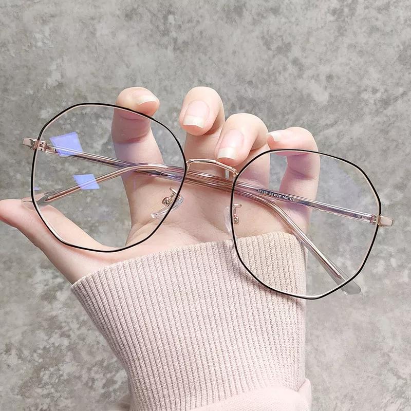 Anti Blue Light Myopia Glasses Women Oversized Polygon Computer Eye Glasses Girls Cute Cat Eye Metal Frame Eyeglasses 0 To -600