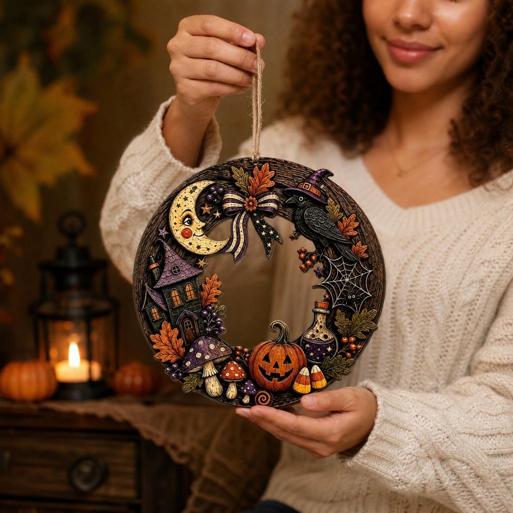 Wooden Halloween Hollow Hanging Ornament, Openwork Cutout Decorative Pendant for Home, Party and Seasonal Decor