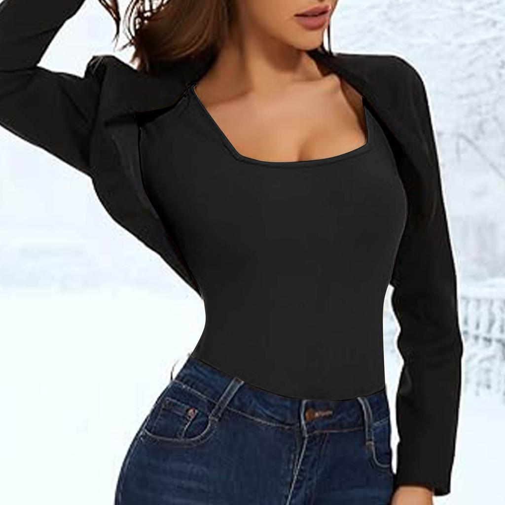 Women's Fashion Casual Long-Sleeved Knit Top With Fleece , Square Neck, Solid Color, Slim Fit, Elastic Top