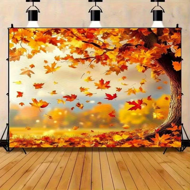 2D Nature Autumn Tapestry, Falling Red & Orange Maple Leaves Wall Cloth