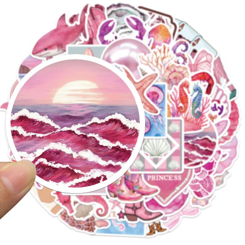 50PCS Aesthetic Pink Ocean Stickers Pack Pink Summer Graffiti Beachy Stickers for Luggage, Journal, Laptop, Kindle, Scrapbook