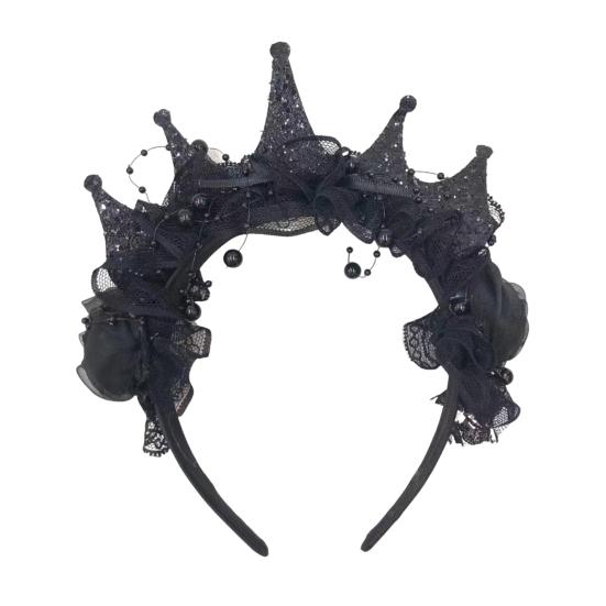 Women Headband Crown Lace Decor Hair Hoop Halloween Dark Style Elastic Headwear