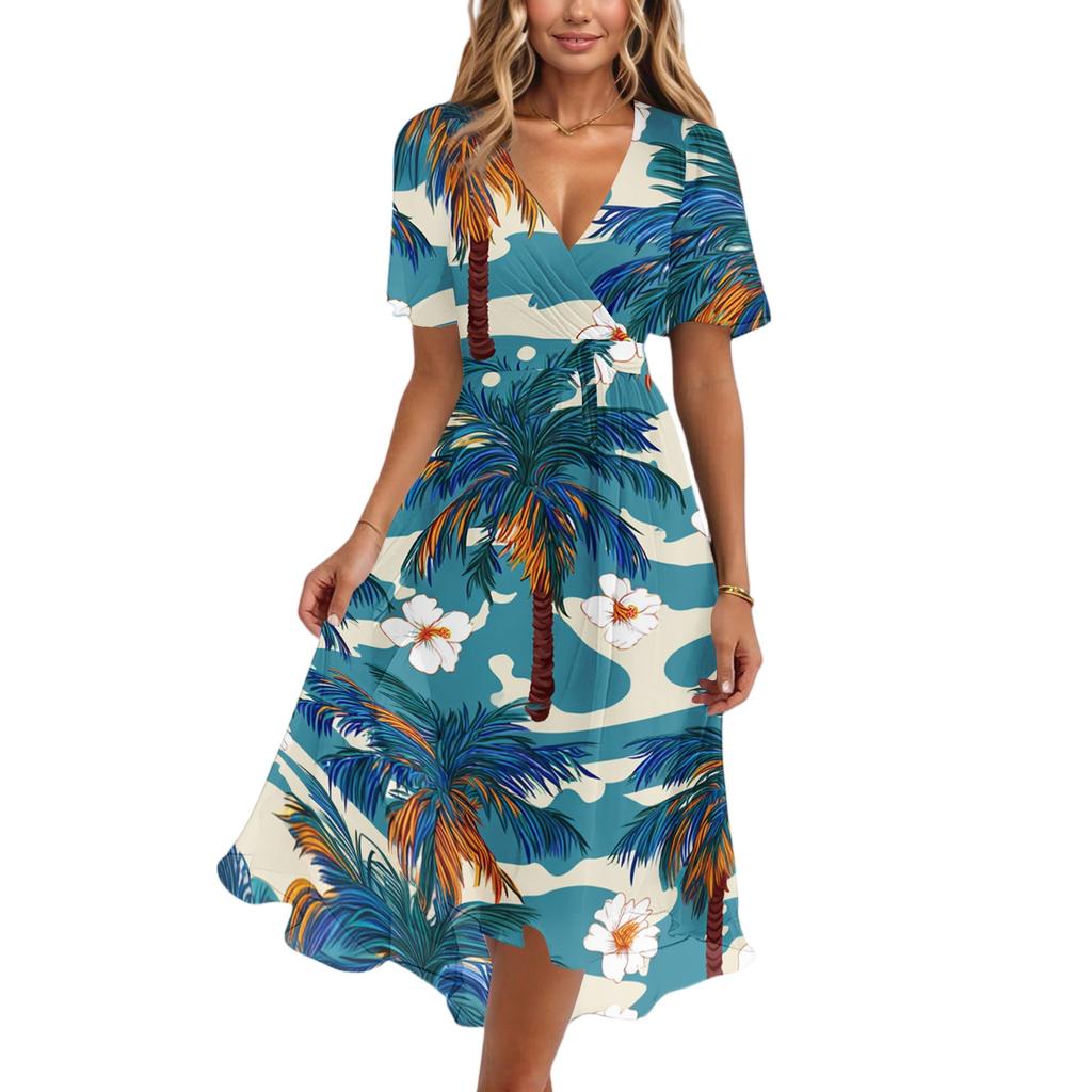 Women's Casual V Neck Short Sleeve Hawaiian Print Dress Summer Beach Midi Dress with Relaxed Fit and Lightweight Fabric for Daily Wear