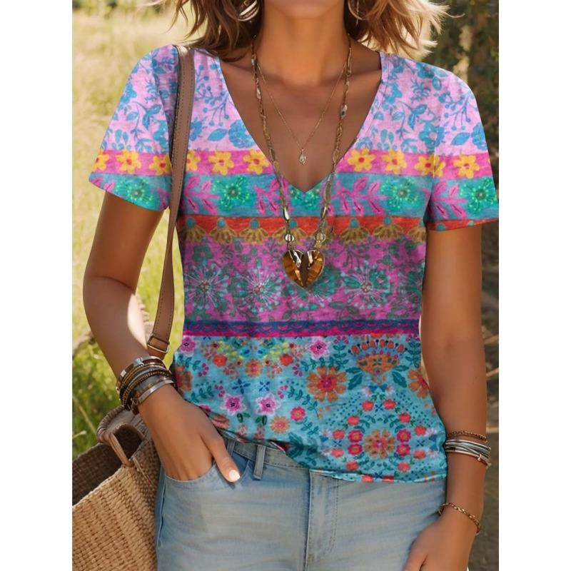 Sommer Neues Damen T-Shirt 3D Vintage Blumendruck V-Ausschnitt Kurzarmshirt Mode Damen T-Shirt Kleidung Y2k Damen T-Shirt