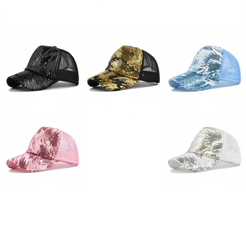 Boné de beisebol com rabo de cavalo brilhante, coque bagunçado, chapéus de pai para mulheres, lantejoulas brilhantes, boné de caminhoneiro de malha de verão, bonés hip hop snapback