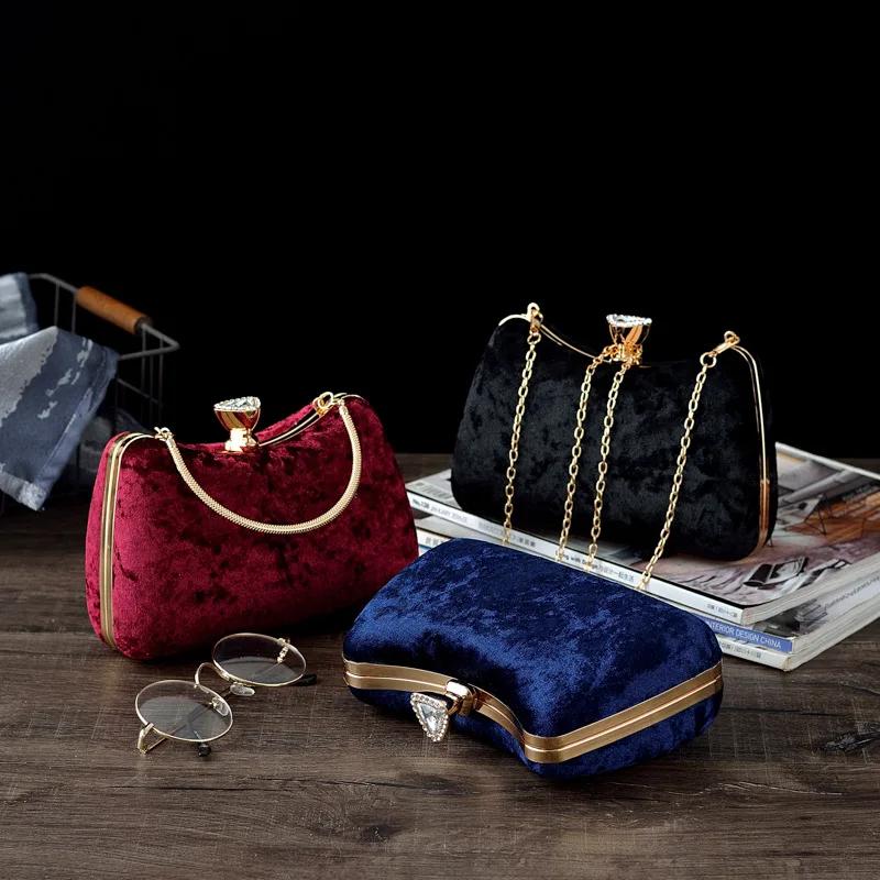 Wholesale Factory Directly Sale Womans Wedding Party Clutch Bags Elegant Small Gift Velvet Night Handbags Navy Blue Hand Bag Sac