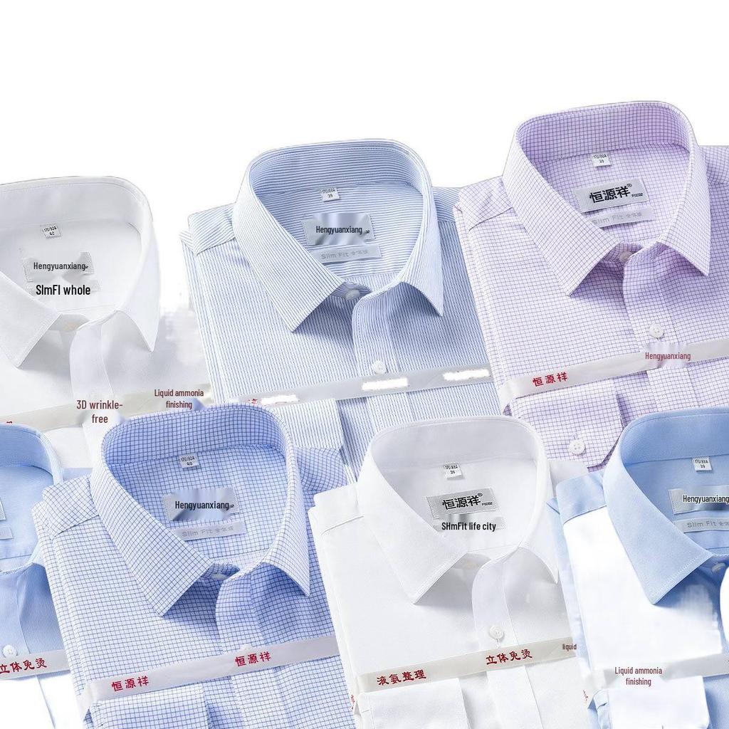 Camisa de Hombre de Algodón Premium a Cuadros Azul Manga Larga Sin Planchado - Primavera Auténtico Business Casual