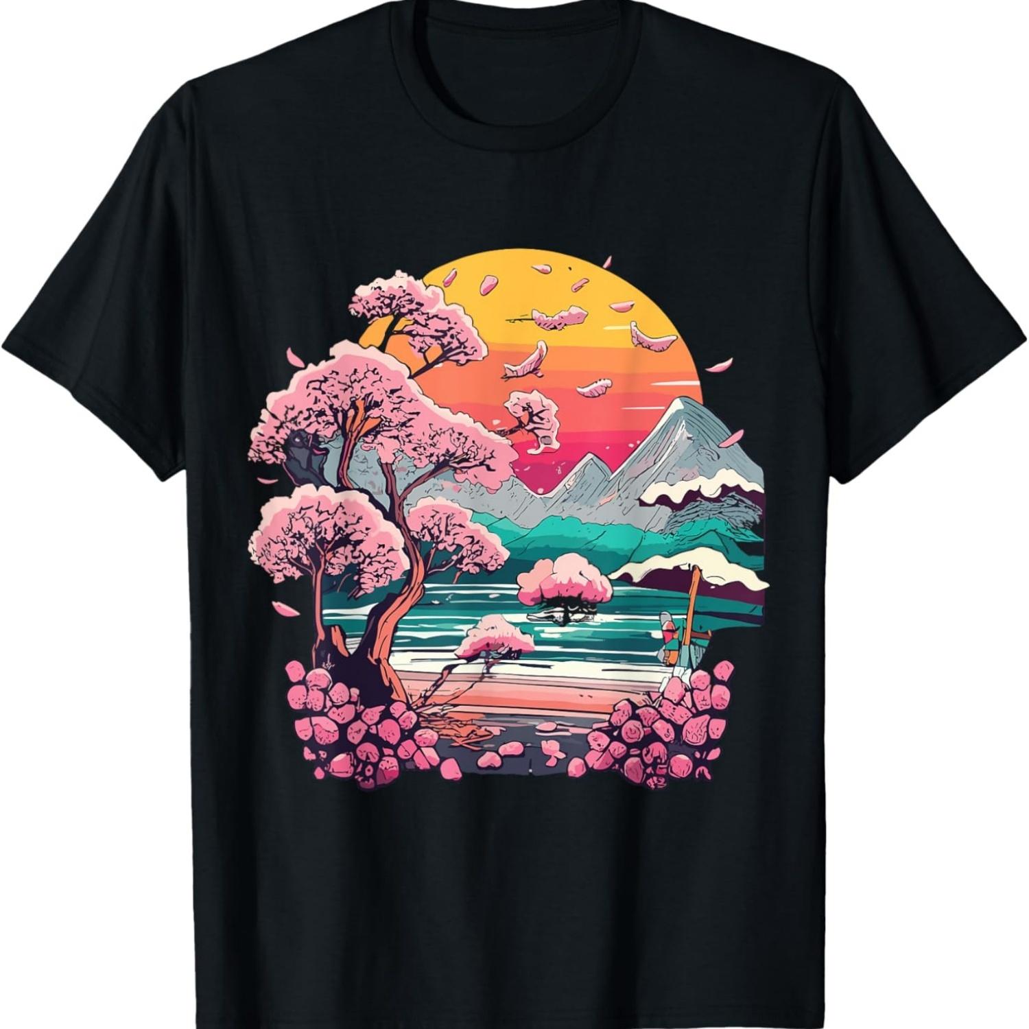 

Эстетичная розовая футболка в стиле Vaporwave с японской сакурой(3) S чёрный