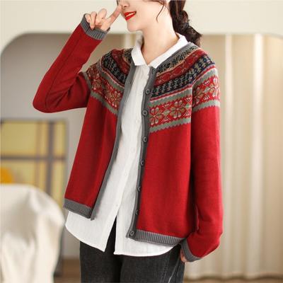 Abrigo de punto holgado vintage con estampado de nicho para mujer, abrigo de otoño con cuello redondo y mangas largas con una botonadura