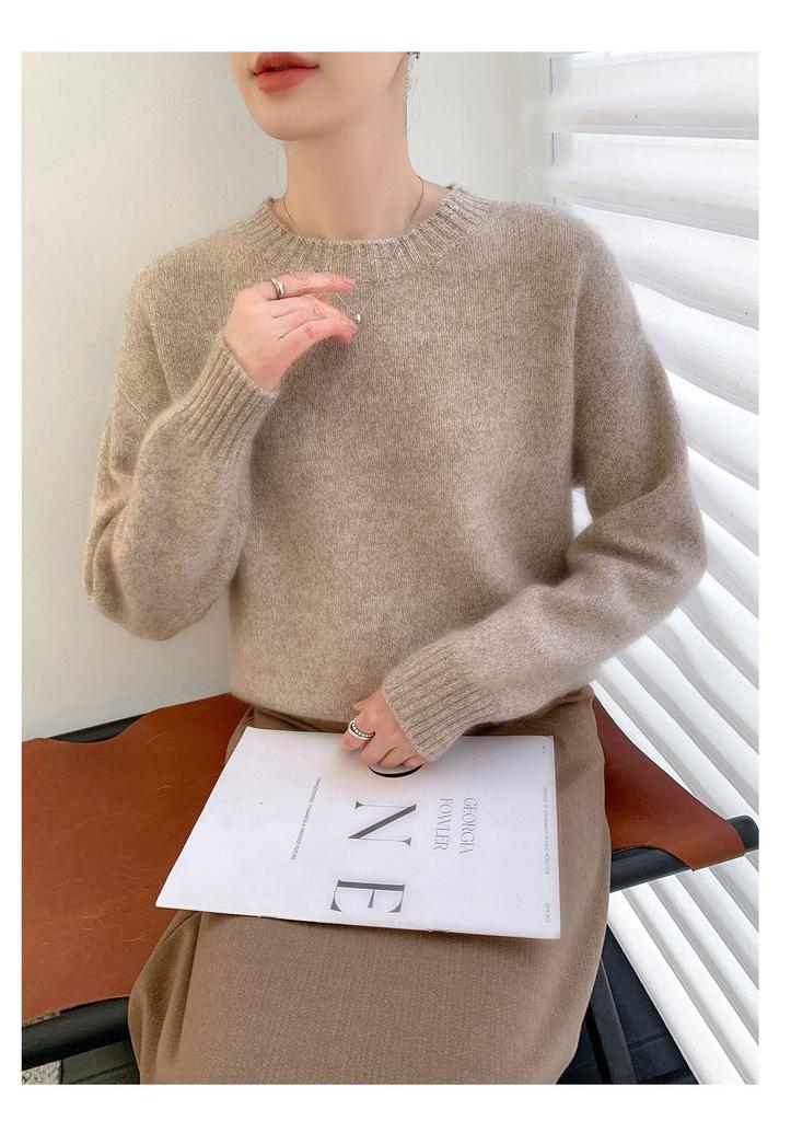 Women's Heather Yarn 100% Wool Round Neck Knit Pullover - Seven-Stitch, Long Sleeve, Lazy Style Base Layer