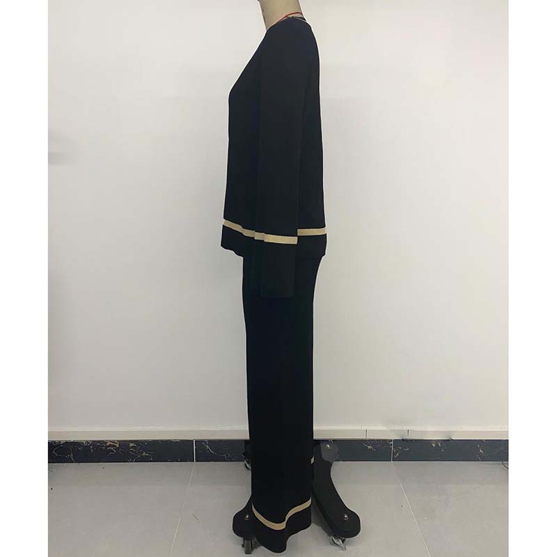 Women's Color Collision Fashion Casual Suit Autumn Winter V-neck Long Sleeve Pullover High Waist Wide Leg Pants Two Pieces Sets