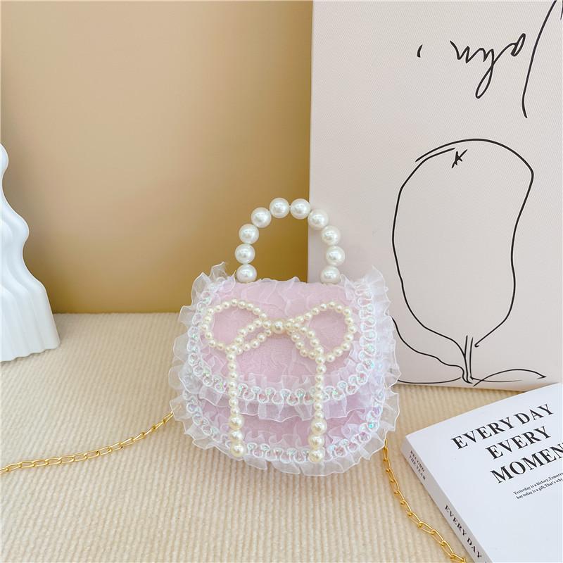 2025 new girls pearl handbag cartoon cute bow princess shoulder bag lace small satchel