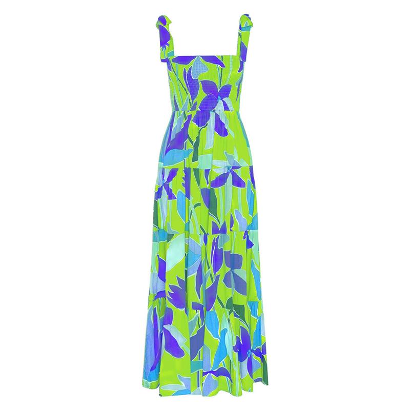 Vestido longo com estampa floral para mulheres, decote quadrado, cintura alta, sem mangas, vestido longo de verão, férias, praia, vestido respirável, fino, macio e confortável